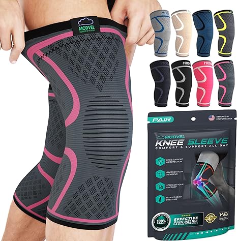 MODVEL 2 Pack Knee Compression Sleeve | Best Knee Brace | Knee Support for Arthritis, ACL, Meniscus Tear, Running, Biking, and Sports | Joint Pain Relief.