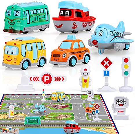 TOY Life Pull Back Cars for Toddlers with Play Mat - Metal Die Cast Pull Back Vehicles Toy Cars Play Set Includes Mini Cars Toys Alloy Helicopter, Texi, Bus, Boat, Train, Traffic Signs for Kids 3 4 5