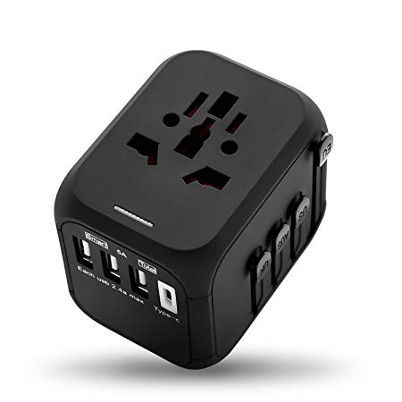 Whew Universal Travel Adapter, All-in-One Worldwide International Power Adapter with Auto-Reset Fuse, Upgraded 5A USB Output, 1 Type C, 3 USB Ports for USA, UK, Europe, AU and 170 Countries (Black)
