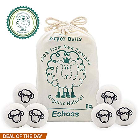 Echoss Wool Dryer Balls Organic (6 Pack XL) 100% Pure New Zealand Wool, Reusable Natural Non-Toxic Fabric Softener Static Reducer Reduces Drying Time