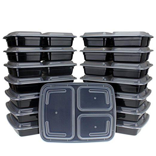 Freshware 150-Pack 3 Compartment Bento Lunch Boxes with Lids - Stackable, Reusable, Microwave, Dishwasher & Freezer Safe - Meal Prep, Portion Control, 21 Day Fix & Food Storage Containers (32oz)