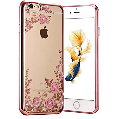 iPhone 6 Case, FYee [Secret Garden Series] Slim Dual Flexible TPU Rubber Back Cover with Clear Fower Bling Glitter Stone Diamond Case for iPhone 6 / 6s 4.7 inch - Rose Gold Edge