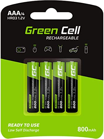 Green Cell 800mAh 1.2V Type AAA Pre-Charged Rechargeable Batteries, Pack of 4, Ni-MH Batteries, High Capacity, Ready to Use, Low Self Discharge, Micro Battery, HR03