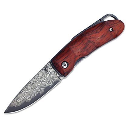 KUBEY Custom Handmade Damascus Steel Mini Gentleman Pocket Knife, Rosewood Handle, 3-Inch Closed, Mother's Day Gifts, for Mom