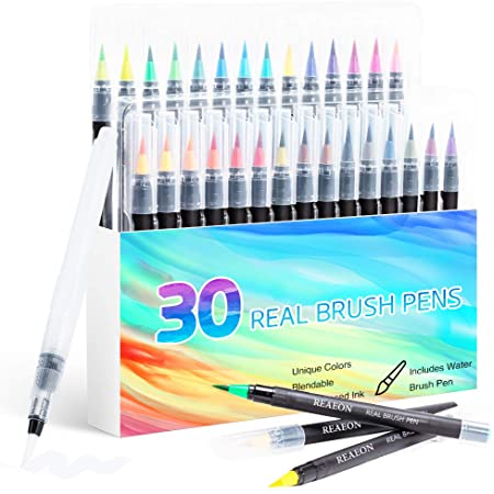 Watercolor Brush Pens, Real Brush Pen, 30 Watercolor Painting Markers with Flexible Nylon Brush Tips for Coloring, Calligraphy and Drawing (1 Water Brush Pens for Blending)