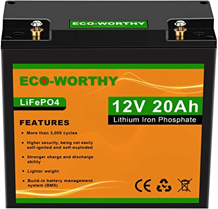 ECO-Worthy 12V 20Ah LiFePO4 Lithium Iron Deep Cycle Rechargeable Battery with Built-in BMS, 3000  Life Cycles, Perfect for RV, Boat, Kids Scooters, Power Wheels, Tool Trailer, etc