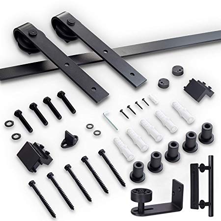 6.6ft Sliding Barn Door Hardware Kit Heavy Duty Sturdy Factory Outlet Carbon Steel(Additional with 1x Floor Guide Metal,1xHandle Pull and Flush Hardware Set),J Shape Hanger