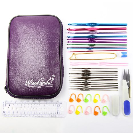 Wisehands Crochet Set 22pcs Hooks in Purple Case Sewing Kits Complete with Scissors Stitch Markers Gauge Measure Yarn Needles 45 Safety Pin 2 Row Counters