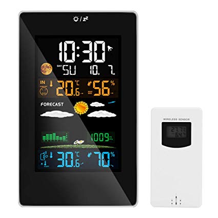 Laelr Wireless Weather Station with Outdoor Sensor, Digital Alarm Clock Indoor Outdoor LCD Thermometer Forecast Station Hygrometer/Temperature/Humidity/Barometric/Moon Phase for Home Office