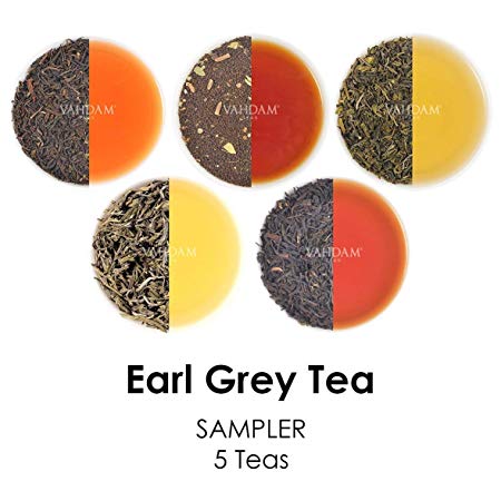 VAHDAM, Earl Grey Tea Sampler (5 TEAS, 50 Cups) Black Tea, Green Tea, Oolong Tea, White Tea, Chai Tea blended with Natural Bergamot Oil, Tea Variety Pack, Bergamot Tea, Loose Leaf Tea, Tea Gift Set