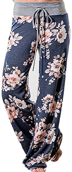 Angashion Women's High Waist Casual Floral Print Drawstring Wide Leg Pants