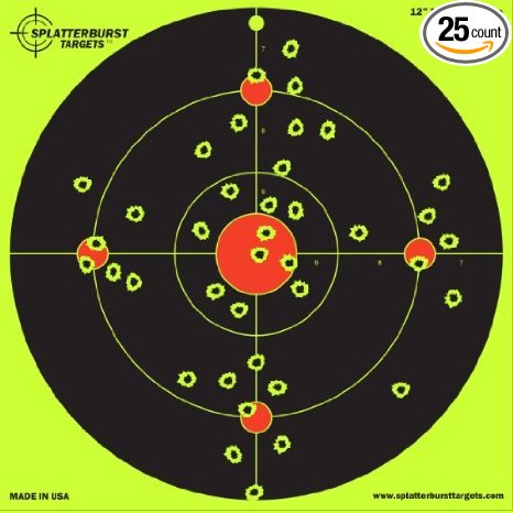 25 Pack - 12" Multi Bullseye Splatterburst Target - Instantly See Your Shots Burst Bright Florescent Yellow Upon Impact!