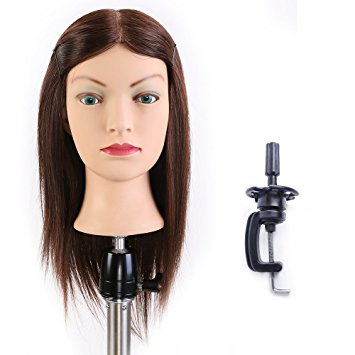 HAIREALM 20" Mannequin Head 100% Human Hair Hairdresser Training Head Manikin Cosmetology Doll Head (Table Clamp Stand Included) HE0414S