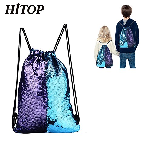 HITOP Mermaid Reversible Drawstring Backpack Bag, Sackpacks With Glittering Sequin, Outdoor Dance Shining Shoulder String Sports Cinch Bags