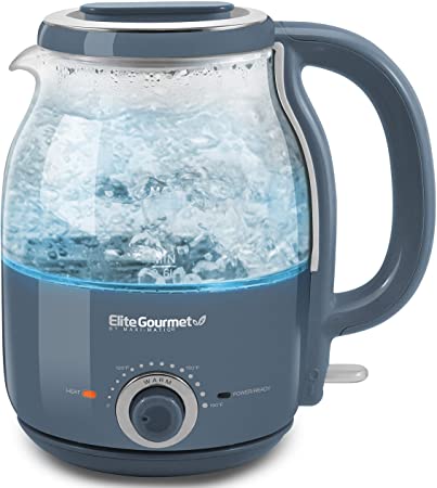 Elite Gourmet EKT1220DB Electric BPA-Free Glass Kettle, Temperature Dial Keep Warm, Cordless 360° Base, LED Interior, Auto Shut-Off Function – Quick Boil, 1.2L, Slate Blue