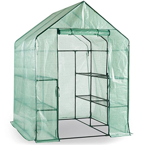 VonHaus Walk In Greenhouse with 8 Shelves, Roll Up Zip Panel Door, Re-enforced Cover, Easy No Tool Assembly