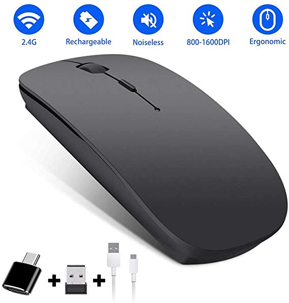 CALOCAA Rechargeable Wireless Mouse 2.4G Portable Optical Mute Ultra-Thin Wireless Computer Mouse with USB Receiver and Type C Adapter Level 3 Adjustable DPI for Laptop, Computer, MacBook, PC - Black