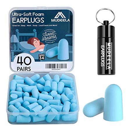 Soft Sleeping Ear Plugs, 40 Pairs Noise Cancelling Ear Plugs with Aluminum Carry Case, 34db NRR Hear Protection Foam Earplugs for Sleeping, Traveling, Flying, Working, Studying and More