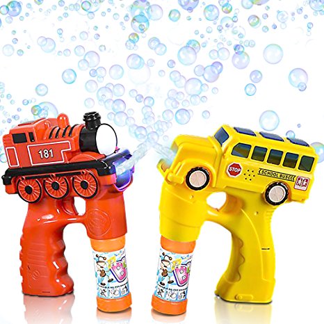 Bus & Train Bubble Blaster Gun Set by ArtCreativity, with Exciting LED and Sound Effects | Includes Train & Bus Bubble Blower with 4 Bottles of Solution | Batteries Included | Great Gift for Kids