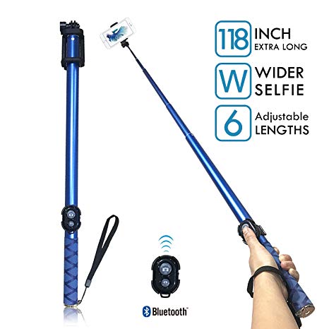 Bluetooth Long Selfie Stick- Super Length Lightweight Extendable Pole from 20'' to 118'' with Built-in Wireless Remote Shutter Grip Holder Mount for iPhone Samsung Galaxy All Android Cell Phone(Blue)