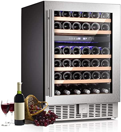 AGLUCKY 24" Wine Cooler/Chiller Built-in or Freestanding Beverage Refrigerator Single Bottle Area with Stainless Steel Double-layer Tempered Glass Door (46 Bottles)