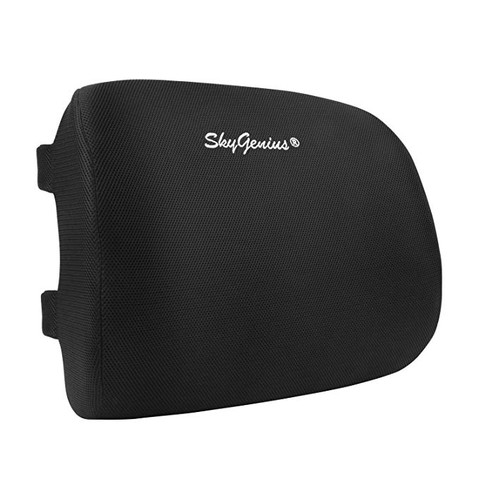 SkyGenius Back Cushion Lumbar Support Pillow for Car Office Chair, W/100% Pure Memory Foam, Slip-Proof Design W/Dual Adjustable Strap. Orthopedic Design for Back Pain Relief Correct Posture