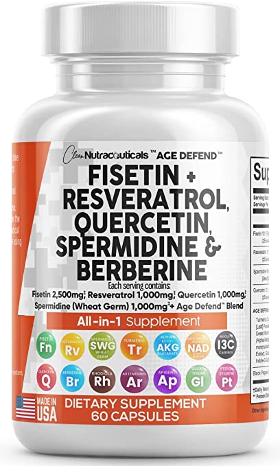 Fisetin 2500mg Quercetin 1000mg Resveratrol 1000mg with Spermidine Wheat Germ Extract 1000mg - Anti-Aging Supplement for Adults Longevity with Berberine, Collagen, Rhodiola, Apigenin