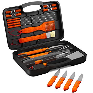 BBQ Grill Tools Set with 22 Barbecue Accessories - Includes 4 Steak Knives - Stainless Steel Utensils with Wood Handles - Complete Outdoor Grilling Kit