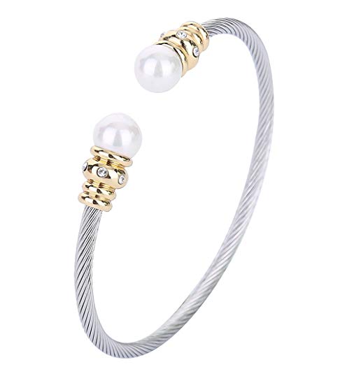 Monily 3MM Cable Wire Bracelet Stainless Steel Created-Pearl CZ Twisted Cuff Bangle for Women