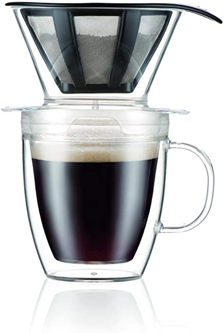 Bodum Pour Over Coffee Dripper Set With Double Wall Mug and Permanent Filter, 12 Oz., Clear