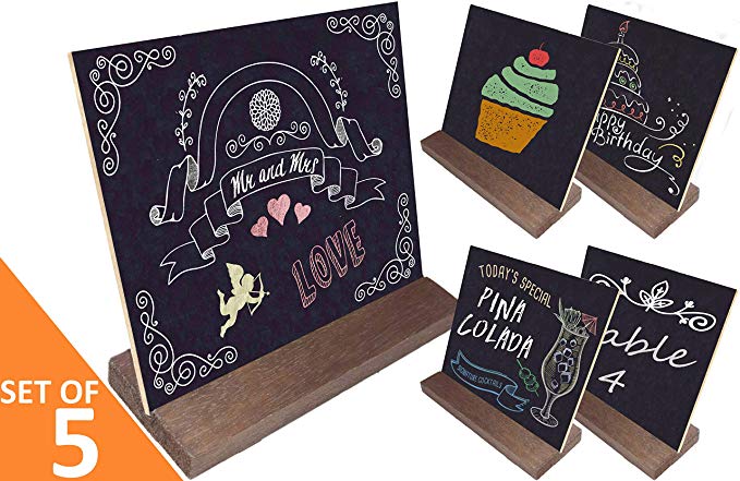 Mini Chalkboard Signs Double-Sided incl. 6 Colored Chalks   Eraser   BONUS E-BOOK!! Farmhouse Rustic Decor, Wedding Sign, Bar, Baby Shower, Restaurant, Cafe, Buffet Food Labels, Kitchen 5"x6" Set of 5