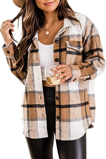 Trendy Queen Womens Flannel Shacket Jacket Casual Plaid Wool Blend Button Down Long Sleeve Shirt Fall Clothes Outfits 2022