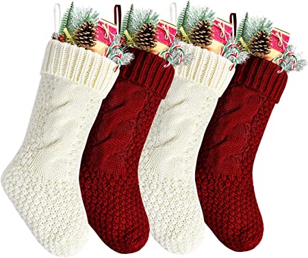 Pack 4, 14" Unique Burgundy and Ivory White Knit Christmas Stockings