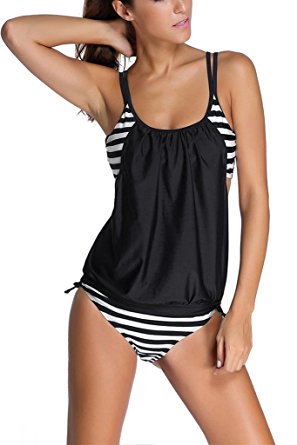 Dokotoo Womens Stripes Lined Up Double Up Tankini Top Sets Swimwear