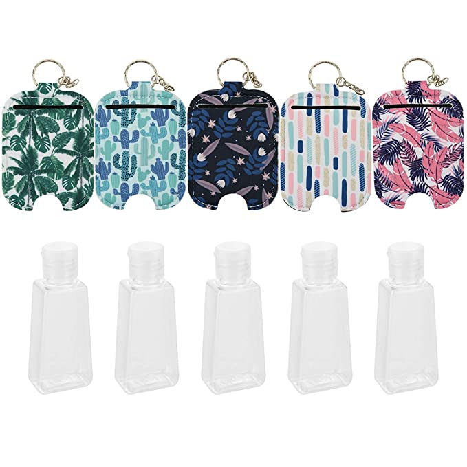 5 Pieces Empty Travel Size Bottle with Marble Hand Sanitizer Keychain Holder Sleeves Flip Cap Reusable Bottles with 5 Pieces Keychain Carriers Refillable Bottles for Soap Liquids (2OZ/60ML, Plant 5)