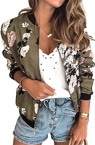 FLYCHEN Women Zip Up Jacket Bomber Outwear Stand Collar Short Tops Leopard Coat