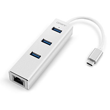 Omars 3-Port USB-C to USB 3.0 Aluminum Portable Data Hub, with 1000 Mbps, or 1 Gigabit Network Adapter with Ethernet Port, for MacBook Pro 2016, ChromeBook, XPS and More