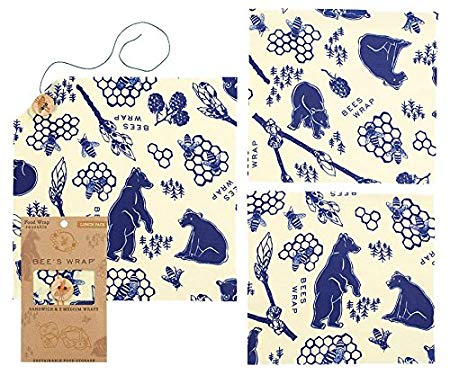 Bee's Wrap Lunch Pack, Eco Friendly Reusable Sandwich & Food Wrap Set, Sustainable Plastic Free Lunch Organizer - Includes 1 Sandwich Wrap, 2 Medium Food Wraps in Bees   Bears Print