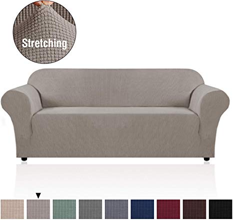 Lycra Jacquard Sofa Cover for Living Room Machine Washable Stylish Furniture Cover/Protector with Spandex Jacquard Small Checks Furniture Protector Cover for Sofa and Couch (3 Seat, Taupe)