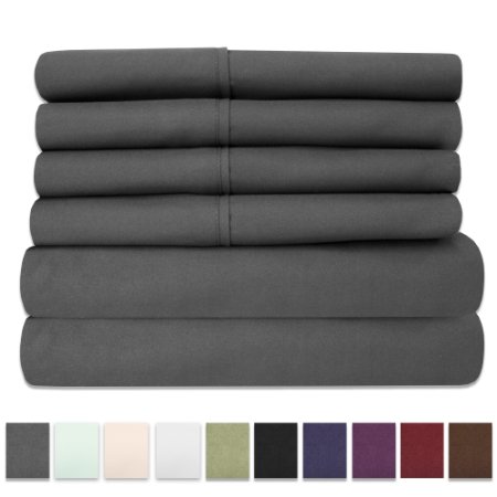 6 Piece 1500 Thread Count Egyptian Quality Deep Pocket Bed Sheet Set - 2 EXTRA PILLOW CASES, GREAT VALUE - King, Gray