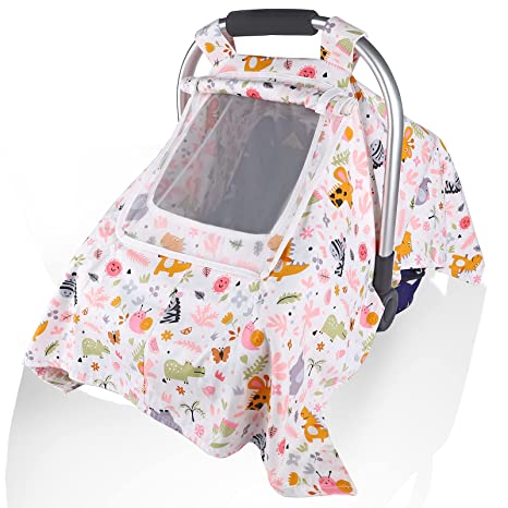 Car seat Covers for Babies boy Girl,Light Weight Muslin,Carseat Canopy for Newborn Infant Carrier,2 Layers Windows of Mesh/Fabric,Fit All Baby Car Seat,Animal Elephant/Rhino/Zebra/Giraffe