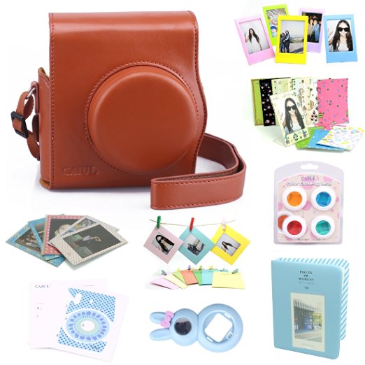 CAIUL 9 in 1 Fujifilm Instax Mini 8 Accessories Bundle(Brown 2nd Generation Mini 8 Case/Mini Album/selfie Lens/4 colors Close-Up Lens/3 inch Frame/Wall Hang Frame/Film & Camera Sticker/Film Pouch)