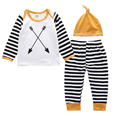Unisex Outfit Baby Girl Boy Clothes Set Striped Long Sleeve Tops Shirt Pant Hat