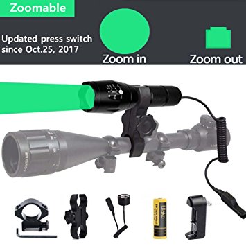 Ulako Green Light 300 Yards Spotlight Flood Light Zoomable Tactical Hunting Flashlight Torch for Hog Pig Coyote Varmint Predator Rifle