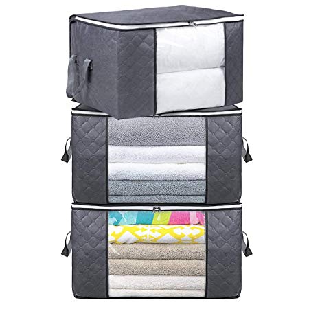 SHYSONG Clothing Storage Bag Organizers,Large Capacity Thick Cloth Foldable with Clear Window,Sturdy Zipper and handles, for Clothing,Comforters,Blankets,Bedding.3 Pack,Grey