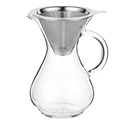CoastLine Pour Over Coffee Carafe | 4 Cup Capacity | Hand Crafted Glass with Handle | Stainless Steel Reusable Filter | Perfect for Cold Brew Coffee | Hand Drip Coffee Maker