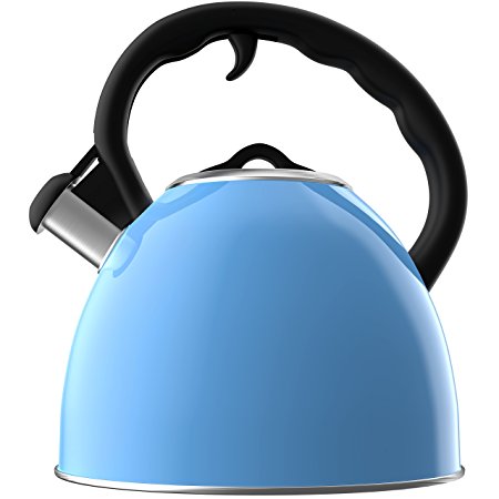 Vremi Whistling Tea Kettle for Stovetop - 2 Quart Tea Pot Stainless Steel Kettle Electric or Gas Stove Top - Cool Cute Modern Teapot Fast Boil Hot Water Whistle - Small Retro Metal Tea Kettle - Blue