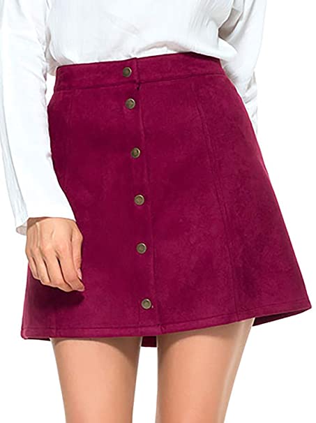 PERSUN Women's Button Front High Waist Faux Suede A-Line Mini Short Skirt