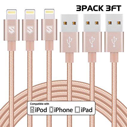 Sundix iPhone Charger, 3Pack 3FT Lightning Cable Nylon Braided Compatible with iPhone 7/7 Plus/6s/6s Plus/6/6 Plus/5/5S/6C/SE/iPad and iPod(GOLDEN)