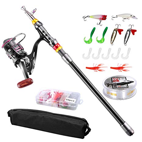 FishOaky Telescopic Fishing Rod Set, Carbon Fiber Spinning Fishing Pole and Reel Combo Fishing Gear with Line Lures Tackle Hooks Reel Carrier Bag for Travel Saltwater & Freshwater Kids & Adults